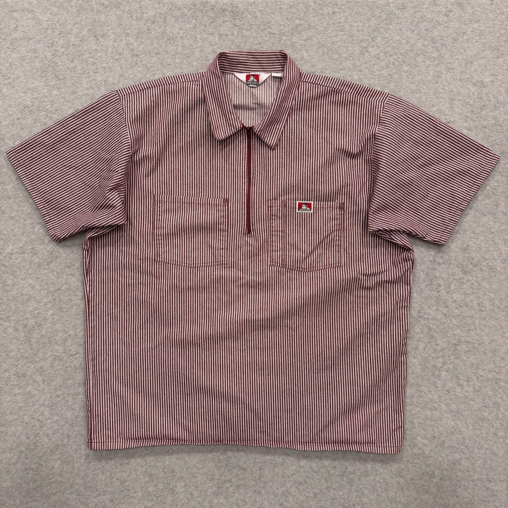 Ben Davis Shirt Mens XL Burgundy Striped 1/2 Zip Short Sleeve Work